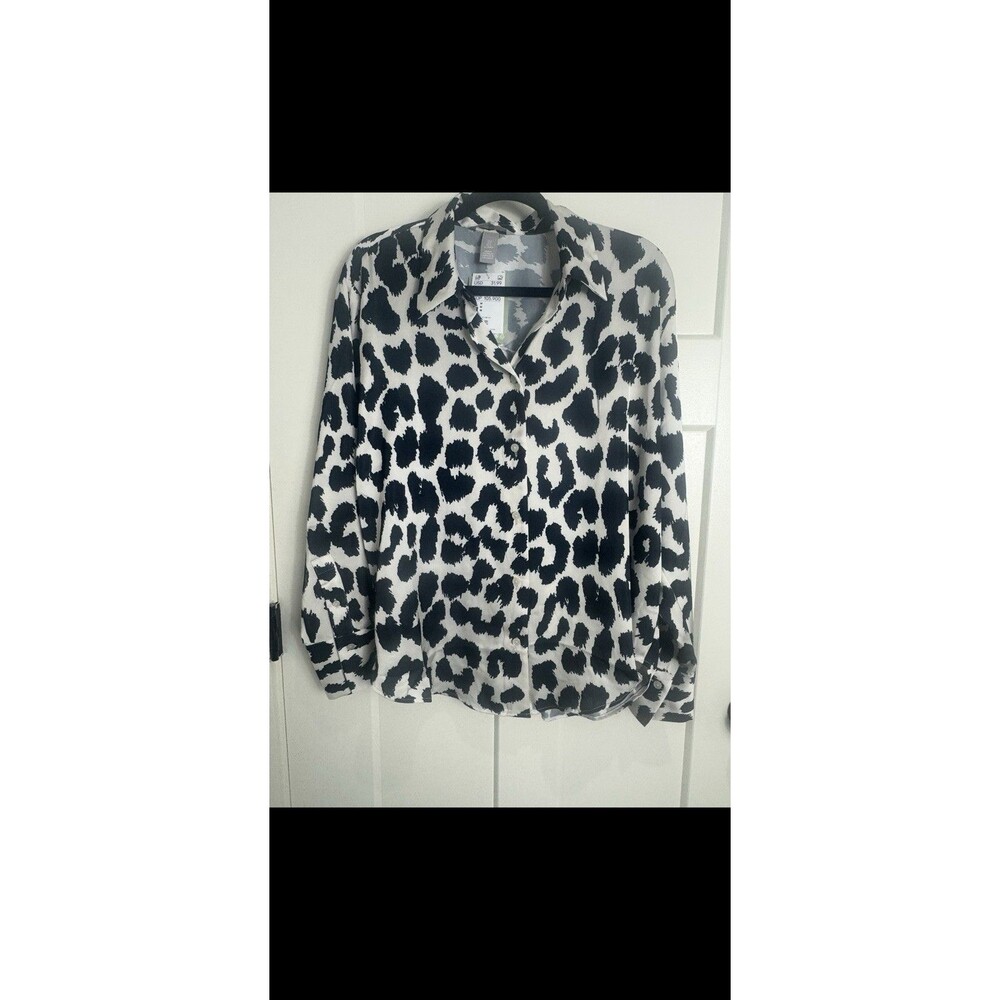 H&M Women’s Leopard Print Button Up Blouse Long Sleeve Black White Size M” NWT